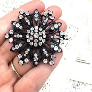 Black Rhinestone Flower Brooch Pin